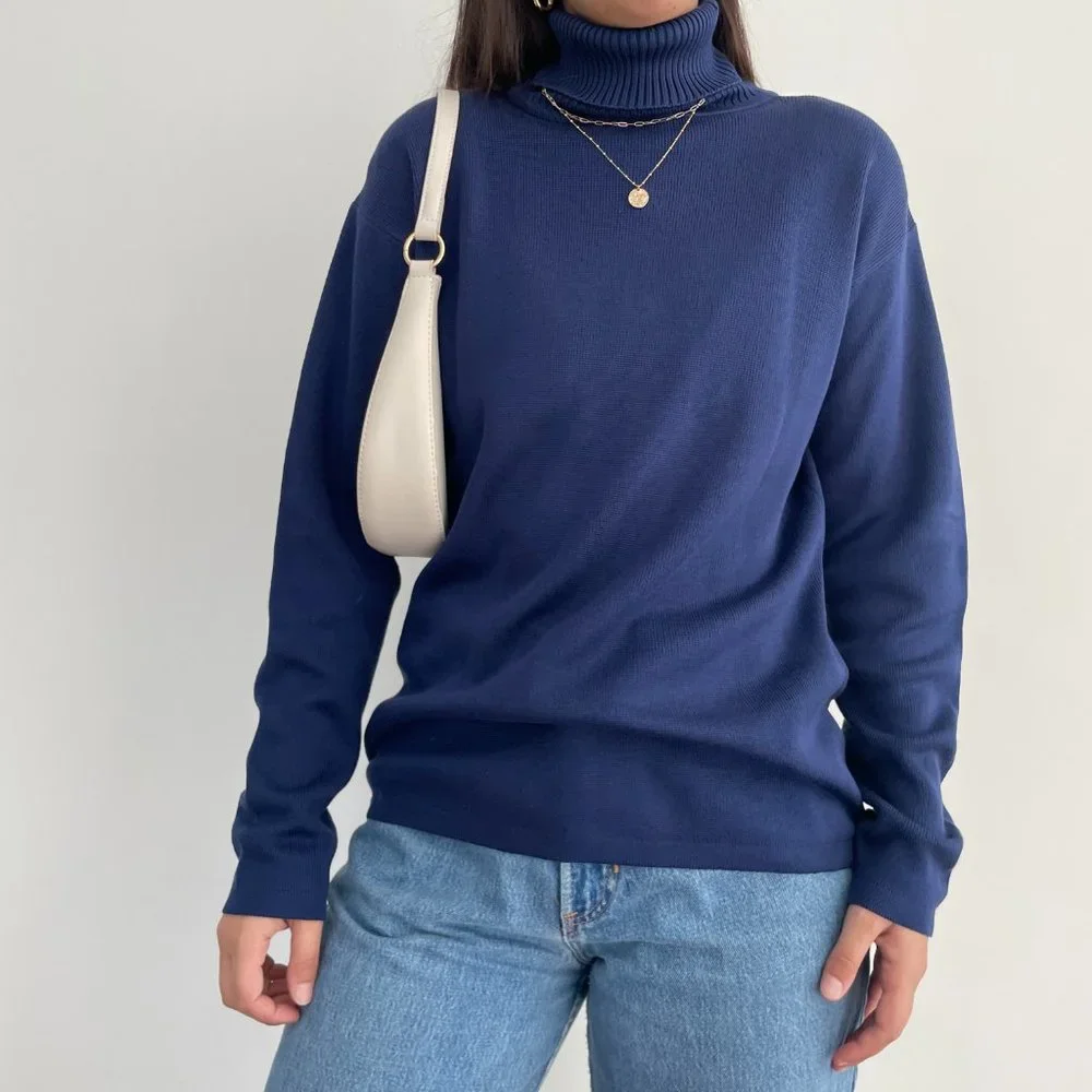 Vintage Belford 100% silk knit long sleeve turtleneck sweater in navy blue L - Picture 5 of 11